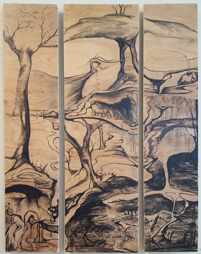 Charcoal on wood; triptych